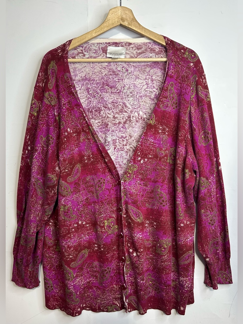 Avenue Hot Pink Gold Paisley Button Front Cardigan Sweater 26/28